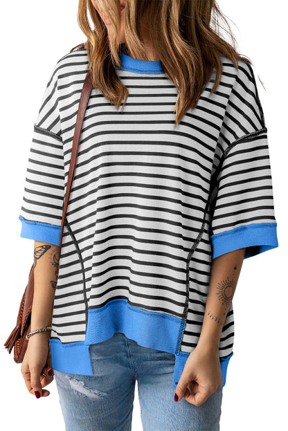 Black Stripe Contrast Trim Drop Sleeve Loose Top