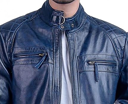 Mens Biker Cafe Racer Vintage Motorcycle Distressed Blue Leather Jacket,