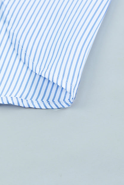 Light Blue Striped Casual Shirred Cuffs Shirt