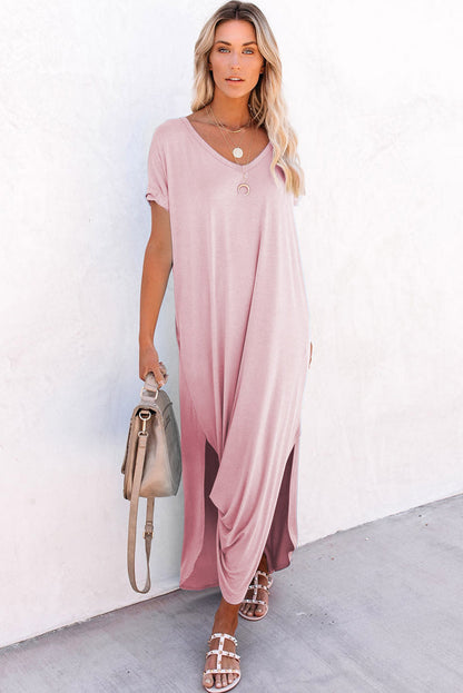 Black Solid Color Hidden Pocket V Neck Slit Maxi Dress