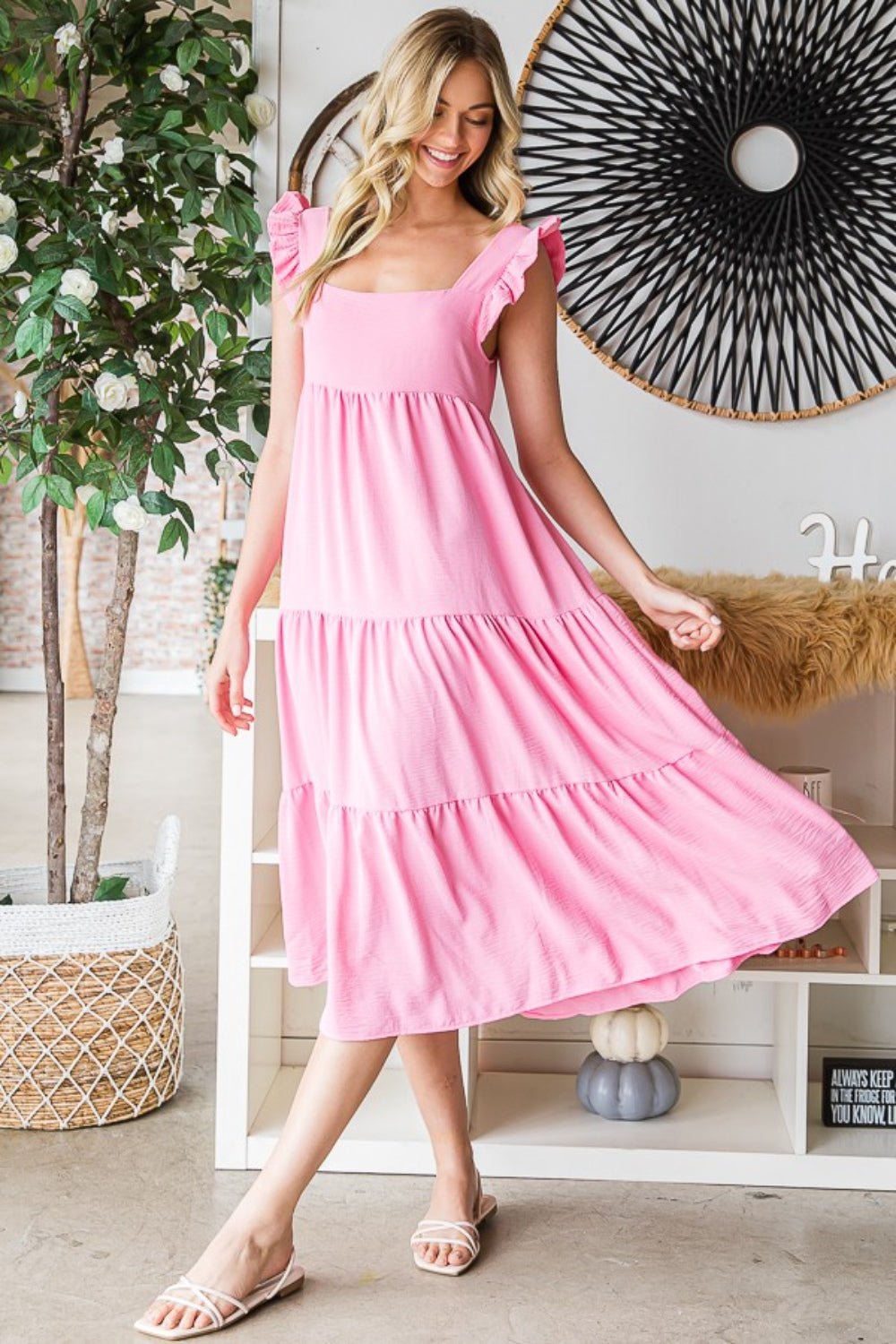 Reborn J Ruffled Sleeveless Tiered Midi Dress