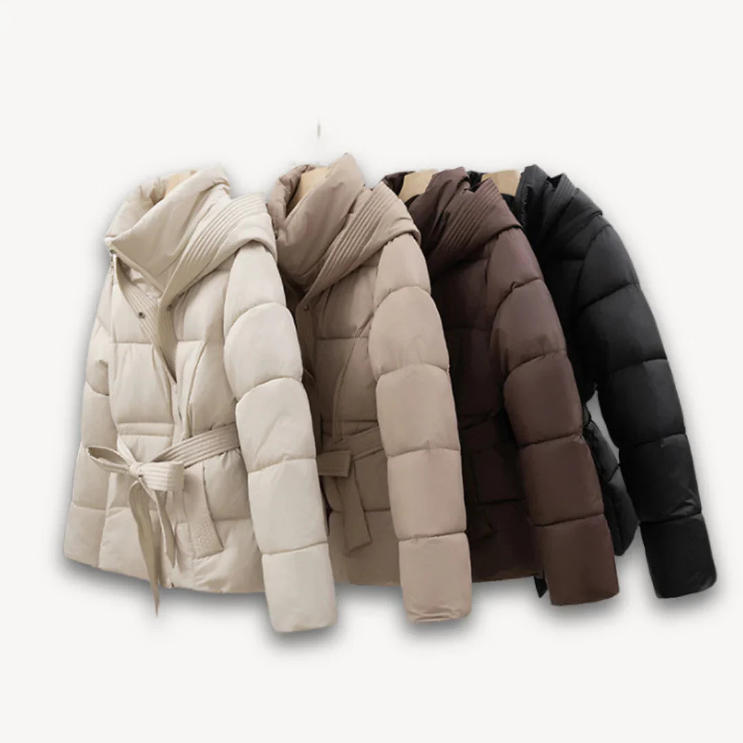 Women's winter jacket with hood and belt, lightly padded