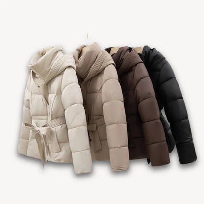 Women's winter jacket with hood and belt, lightly padded