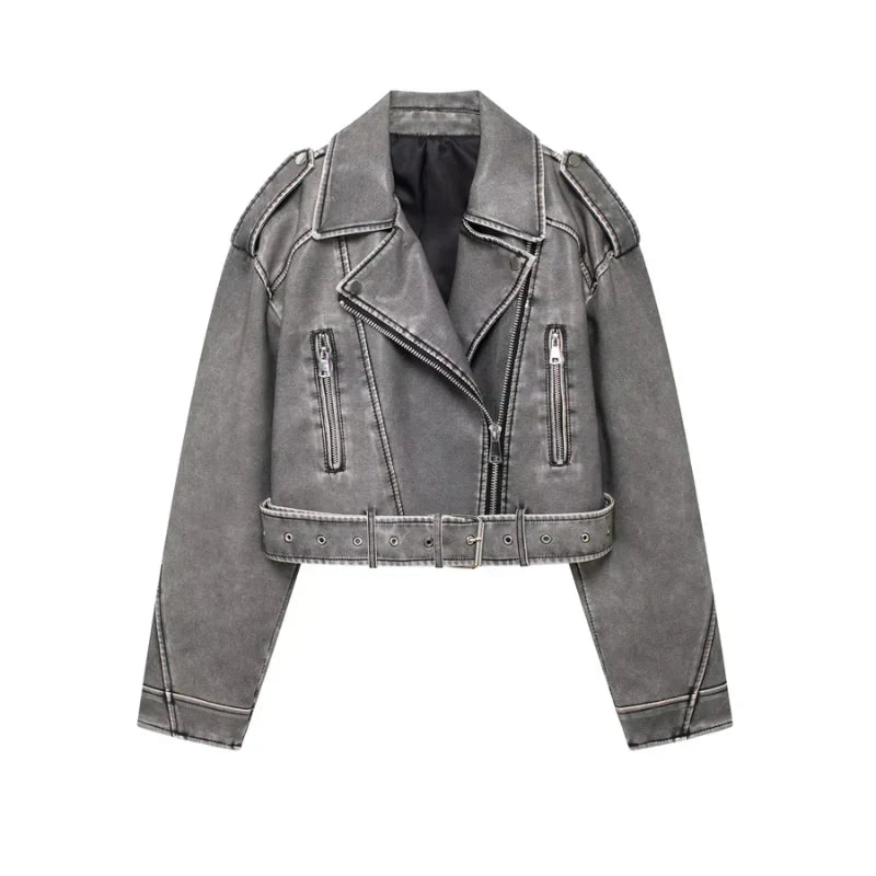 Vegan women's biker jacket with belt and zipper
