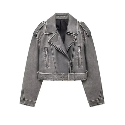 Vegan women's biker jacket with belt and zipper