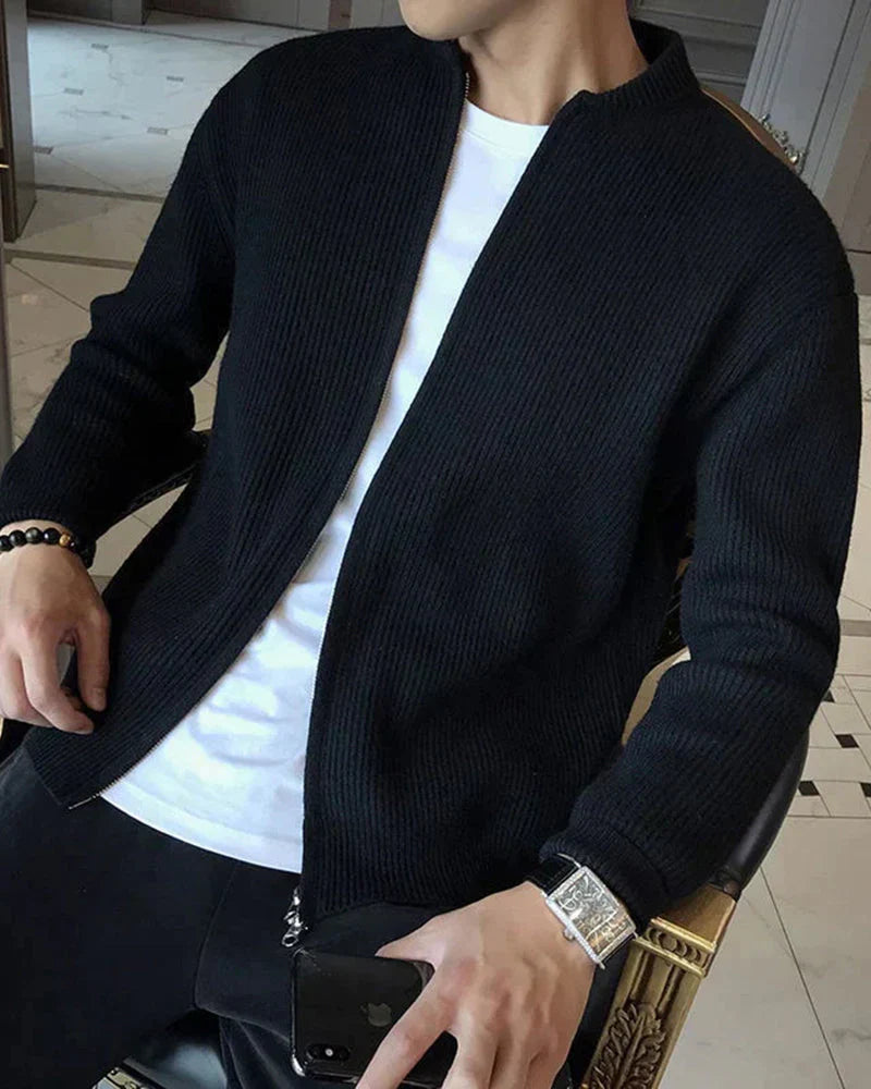 Bennett rib-knit zip cardigan with stand collar – men