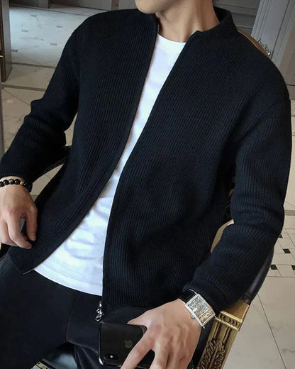Bennett rib-knit zip cardigan with stand collar – men