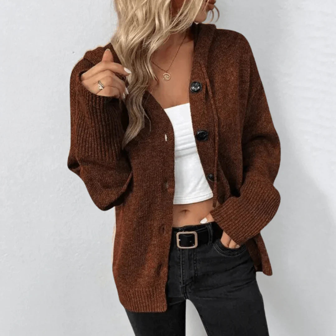 Warm women's knitted cardigan with buttons