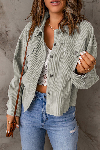 Double Take Raw Hem Button Down Corduroy Jacket with Pockets