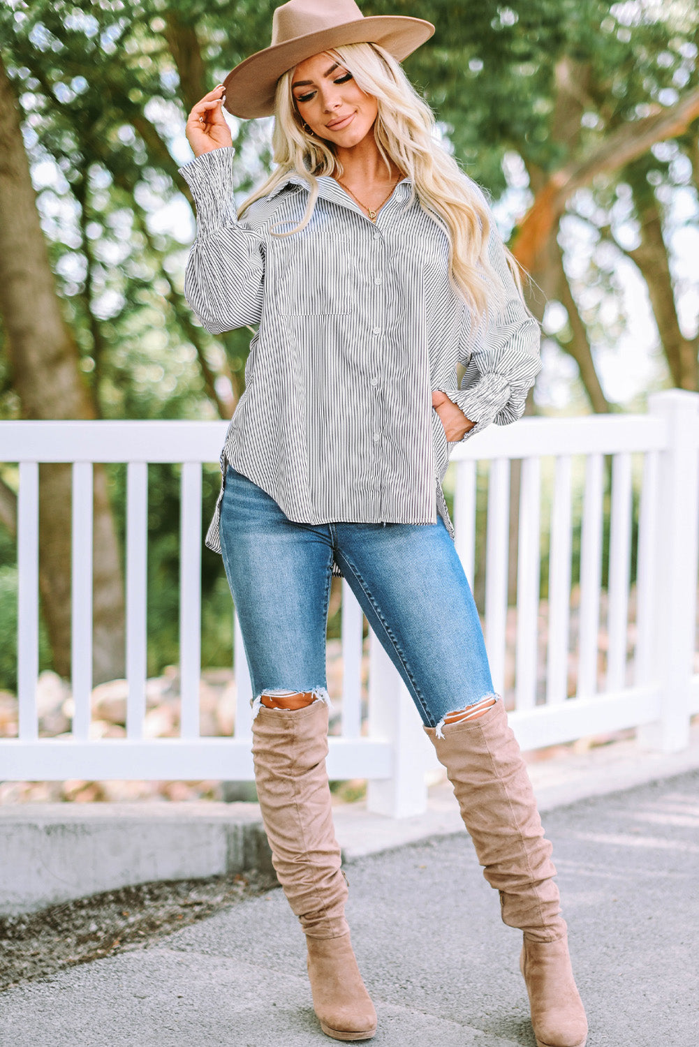 Light Blue Striped Casual Shirred Cuffs Shirt