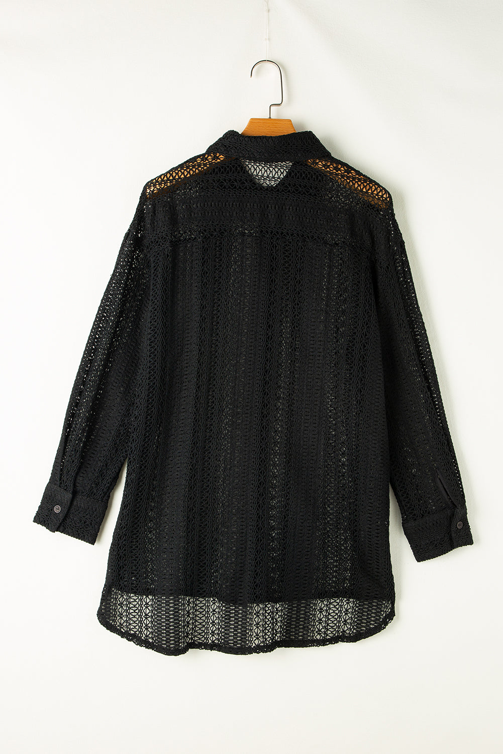 Black Lace Crochet Collared Button Up Oversized Shirt