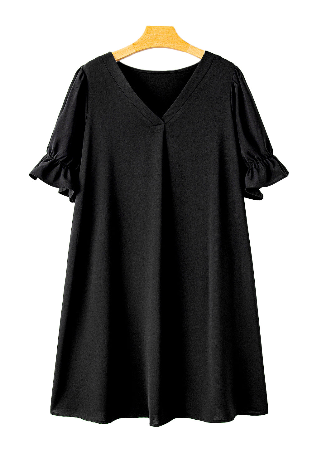 Black Ruffled Puff Sleeve V Neck Plus Size Mini Dress