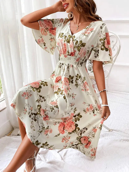 Abigail – dress with v-neck and floral print for summer