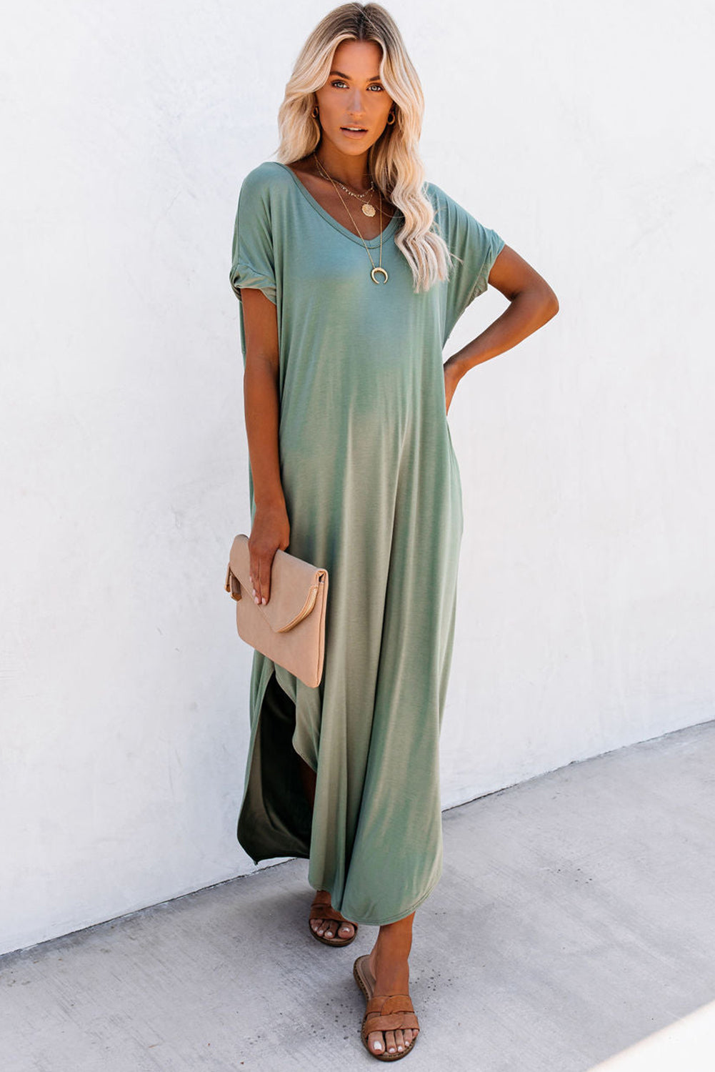 Black Solid Color Hidden Pocket V Neck Slit Maxi Dress