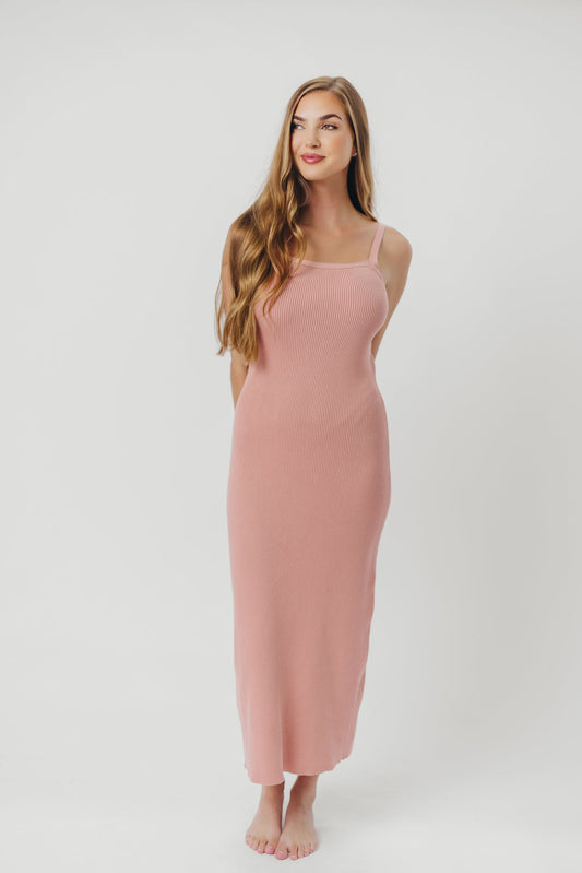 Katelyn Tie-Back Ribbed Midi Dress in Dusty Mauve