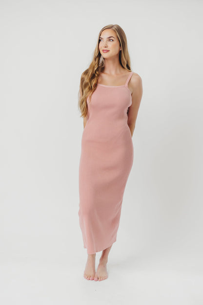 Katelyn Tie-Back Ribbed Midi Dress in Dusty Mauve