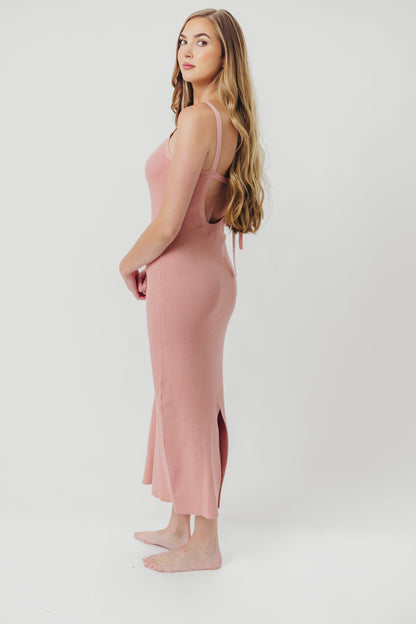 Katelyn Tie-Back Ribbed Midi Dress in Dusty Mauve