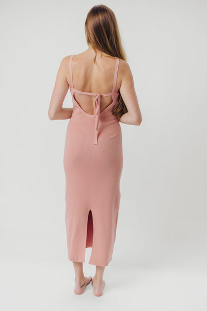 Katelyn Tie-Back Ribbed Midi Dress in Dusty Mauve