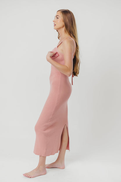 Katelyn Tie-Back Ribbed Midi Dress in Dusty Mauve