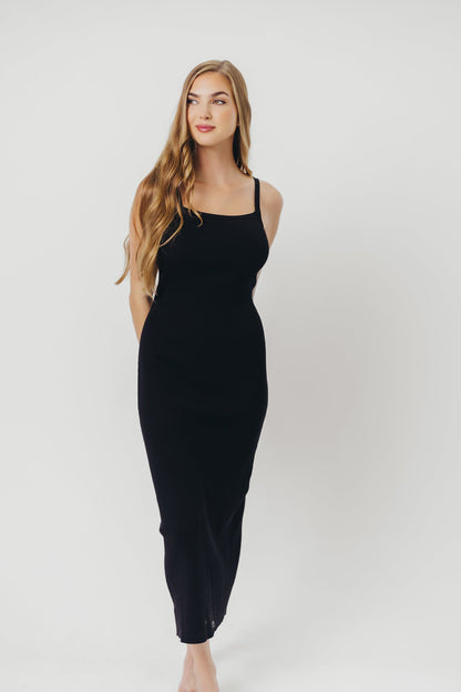 Katelyn Tie-Back Ribbed Midi Dress in Black