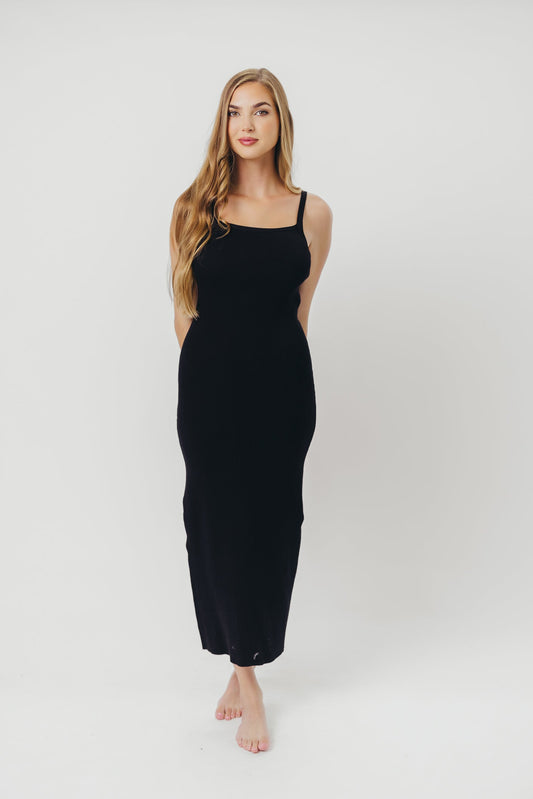 Katelyn Tie-Back Ribbed Midi Dress in Black