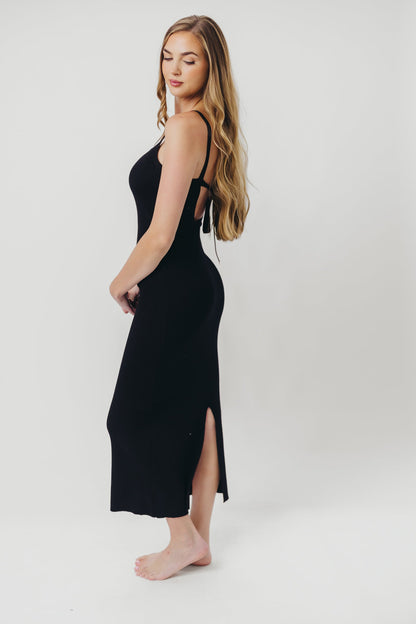 Katelyn Tie-Back Ribbed Midi Dress in Black