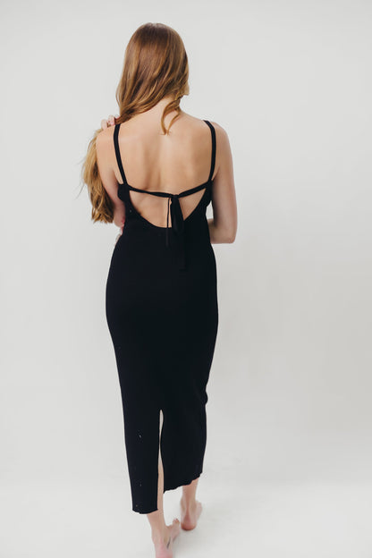 Katelyn Tie-Back Ribbed Midi Dress in Black