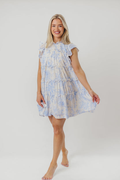 Adaline Babydoll Mini Dress with Flutter Sleeves in Off-White/Baby Blue