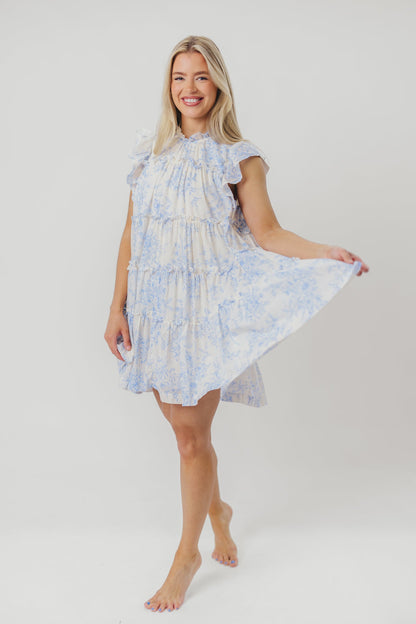 Adaline Babydoll Mini Dress with Flutter Sleeves in Off-White/Baby Blue