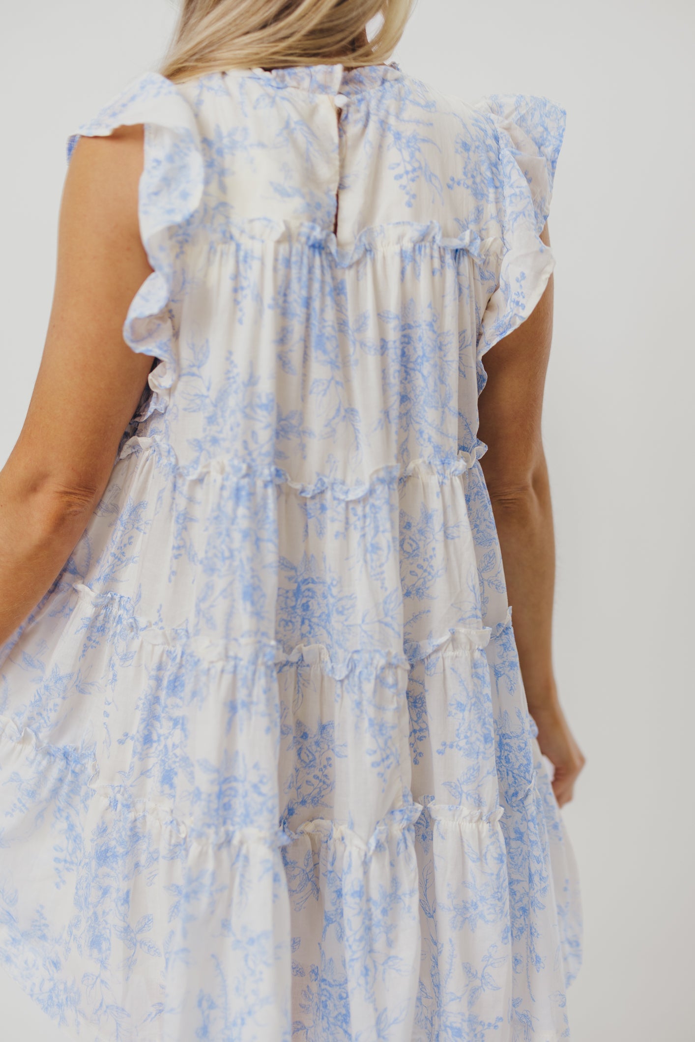 Adaline Babydoll Mini Dress with Flutter Sleeves in Off-White/Baby Blue