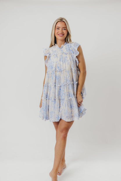 Adaline Babydoll Mini Dress with Flutter Sleeves in Off-White/Baby Blue