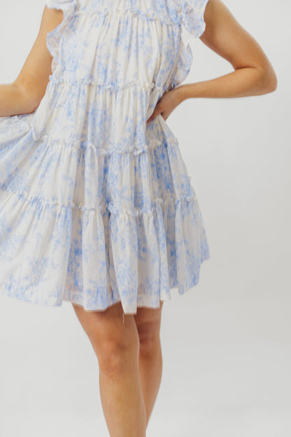 Adaline Babydoll Mini Dress with Flutter Sleeves in Off-White/Baby Blue