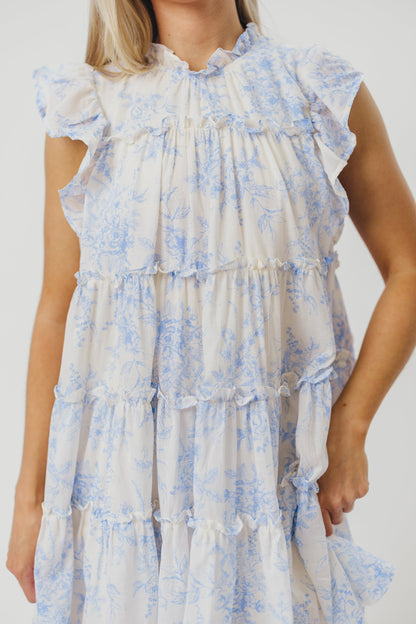 Adaline Babydoll Mini Dress with Flutter Sleeves in Off-White/Baby Blue