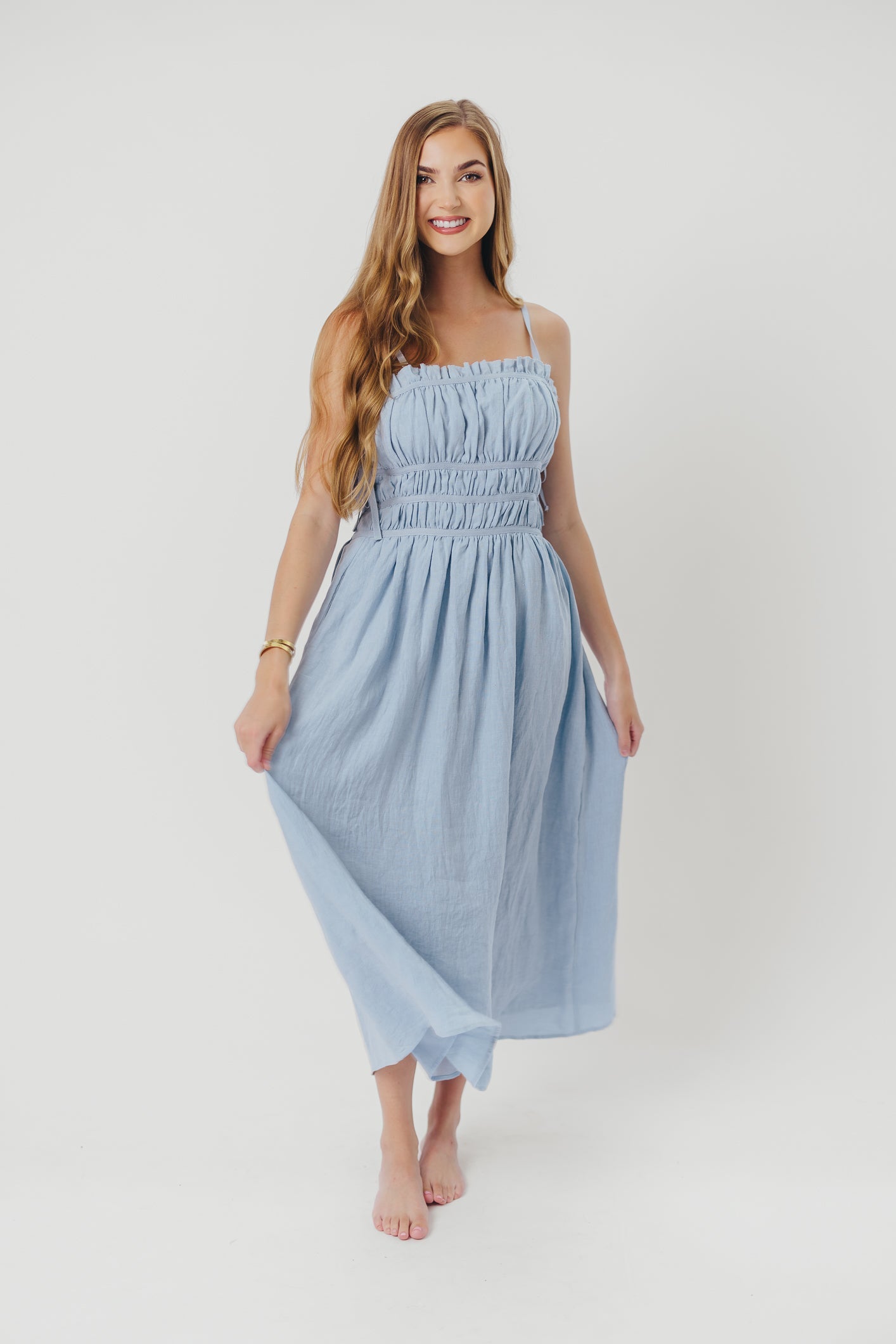 Isla Linen Midi Dress with Ruched Bodice and Side Tie in Light Blue