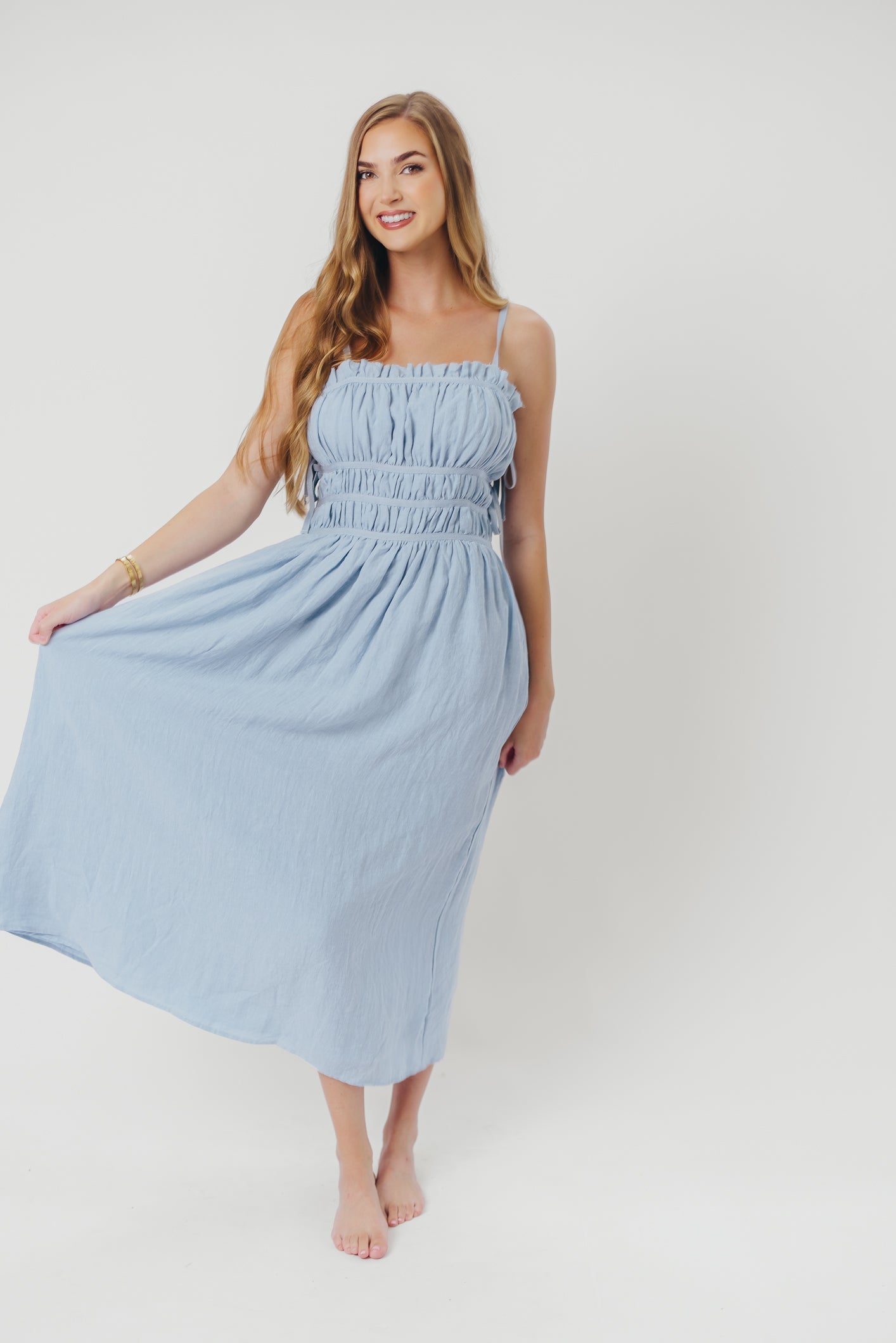 Isla Linen Midi Dress with Ruched Bodice and Side Tie in Light Blue