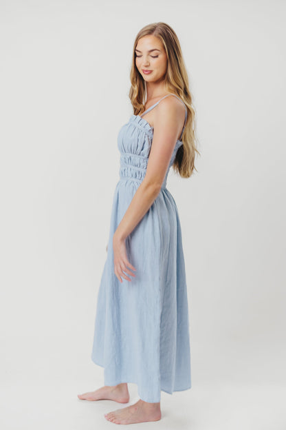 Isla Linen Midi Dress with Ruched Bodice and Side Tie in Light Blue