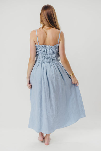 Isla Linen Midi Dress with Ruched Bodice and Side Tie in Light Blue