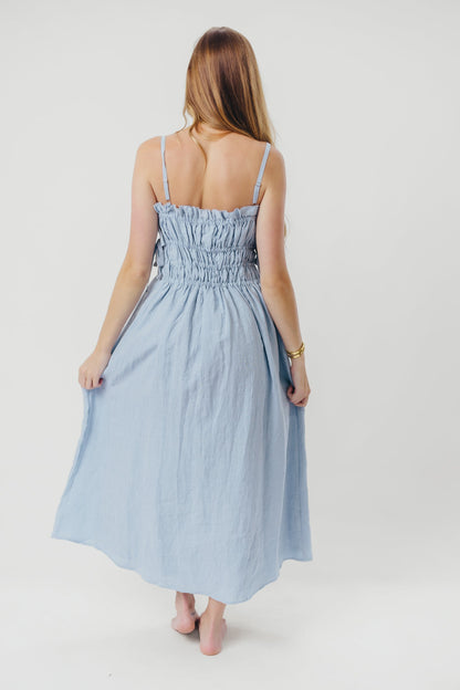 Isla Linen Midi Dress with Ruched Bodice and Side Tie in Light Blue