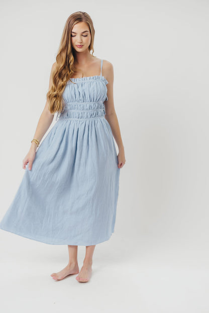 Isla Linen Midi Dress with Ruched Bodice and Side Tie in Light Blue