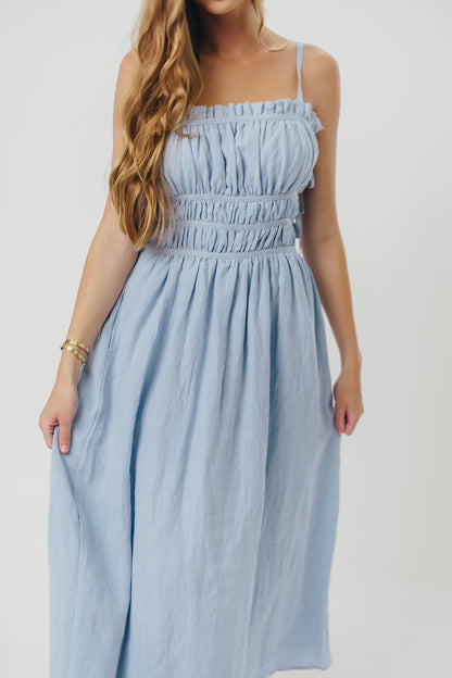 Isla Linen Midi Dress with Ruched Bodice and Side Tie in Light Blue