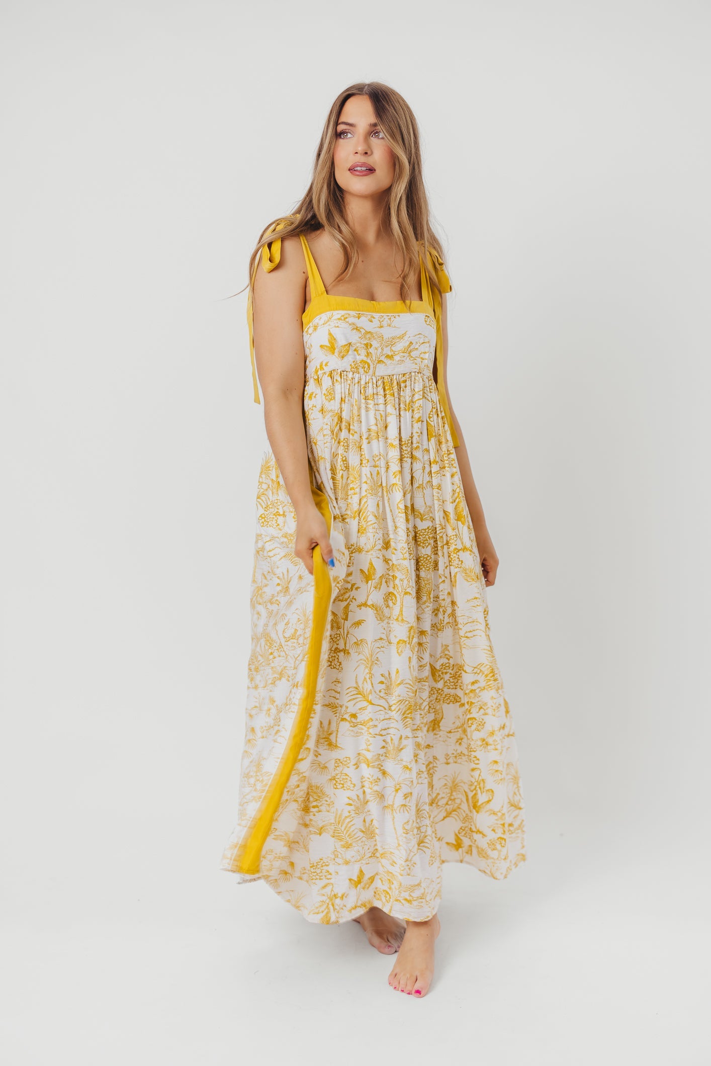 Sunny Floral Maxi Dress with Tie Straps in Goldenrod