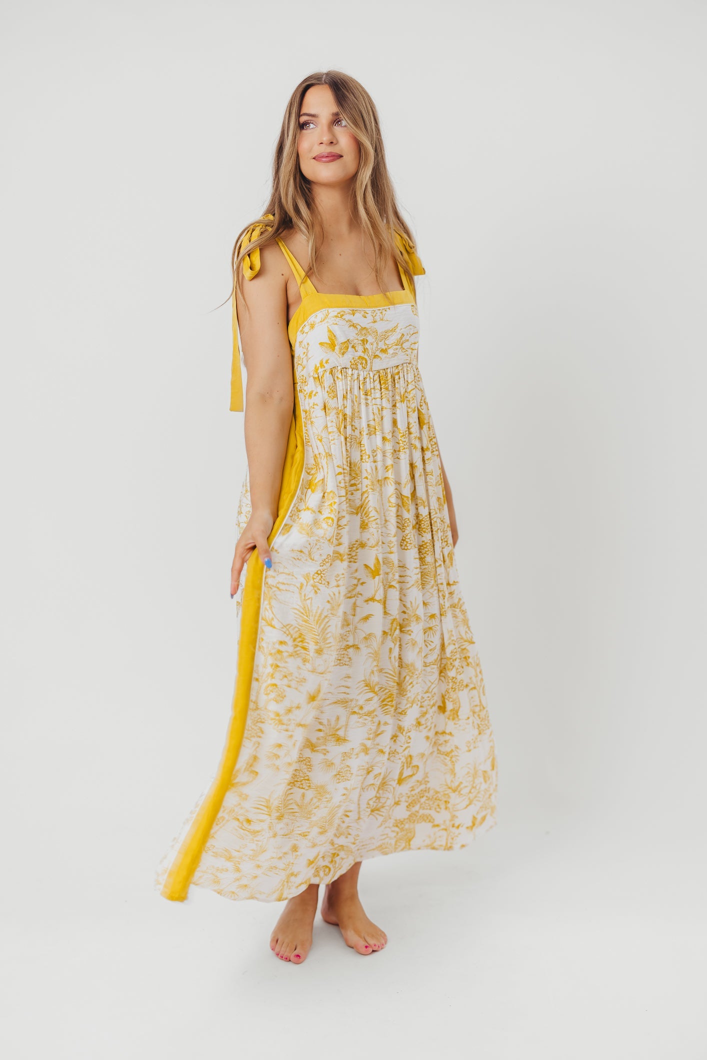 Sunny Floral Maxi Dress with Tie Straps in Goldenrod