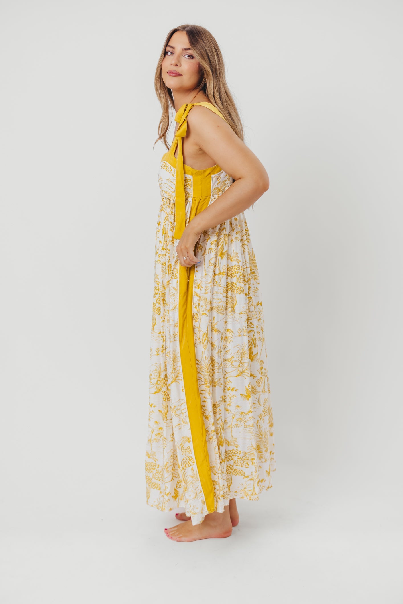 Sunny Floral Maxi Dress with Tie Straps in Goldenrod