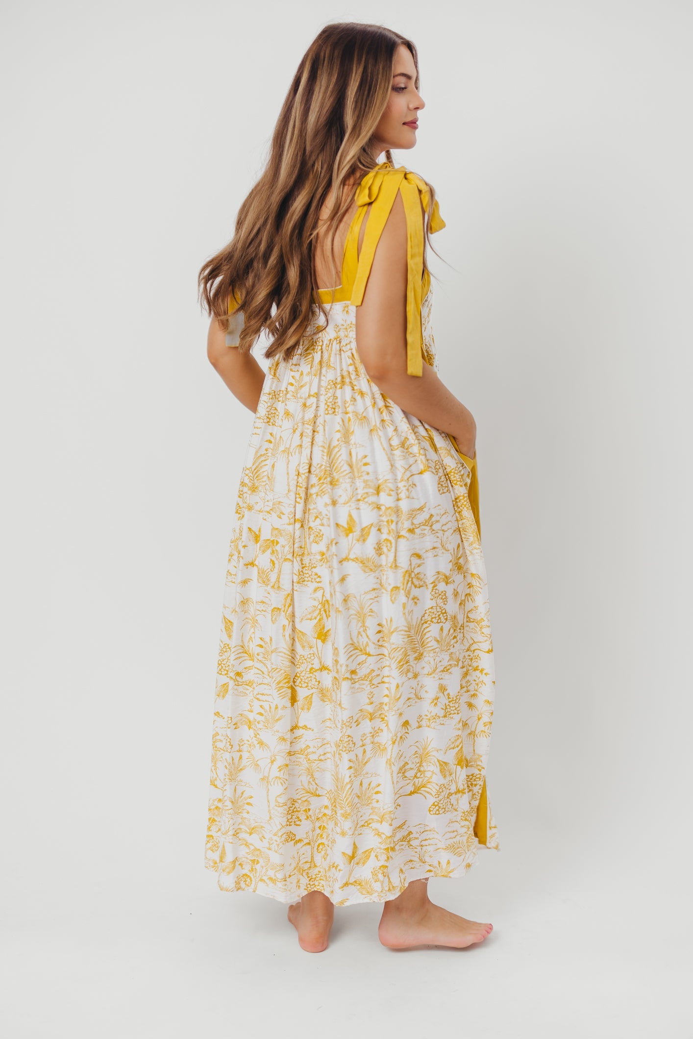 Sunny Floral Maxi Dress with Tie Straps in Goldenrod