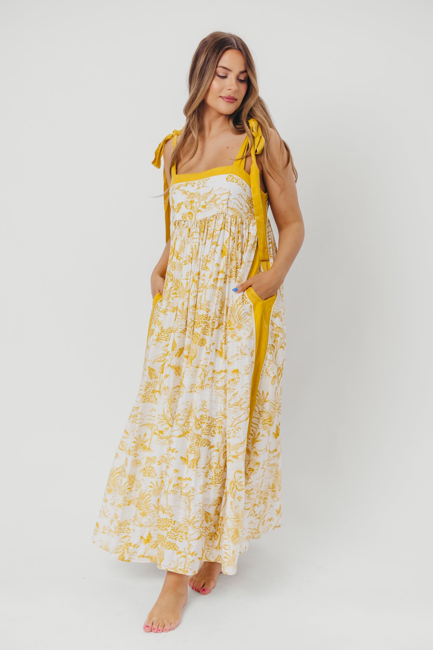 Sunny Floral Maxi Dress with Tie Straps in Goldenrod