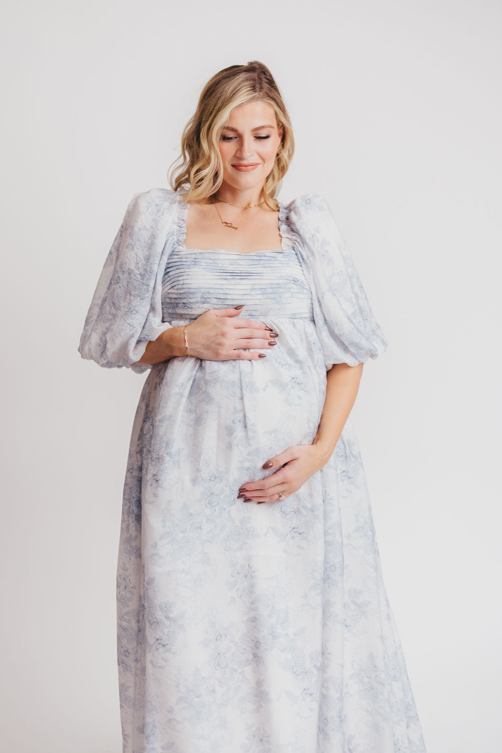 Melody Maxi Dress with Pleats and Bow Detail in Blue Floral - Bump Friendly & Inclusive Sizing (S-3XL) Restocking Early August