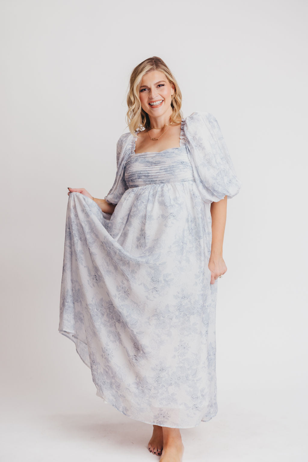 Melody Maxi Dress with Pleats and Bow Detail in Blue Floral - Bump Friendly & Inclusive Sizing (S-3XL) Restocking Early August