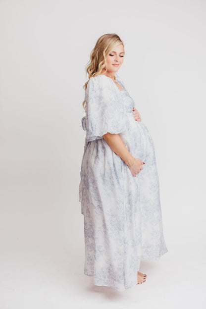 Melody Maxi Dress with Pleats and Bow Detail in Blue Floral - Bump Friendly & Inclusive Sizing (S-3XL) Restocking Early August