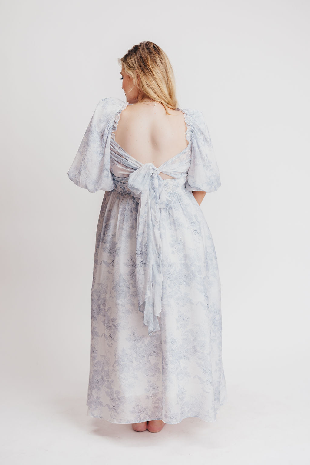 Melody Maxi Dress with Pleats and Bow Detail in Blue Floral - Bump Friendly & Inclusive Sizing (S-3XL) Restocking Early August