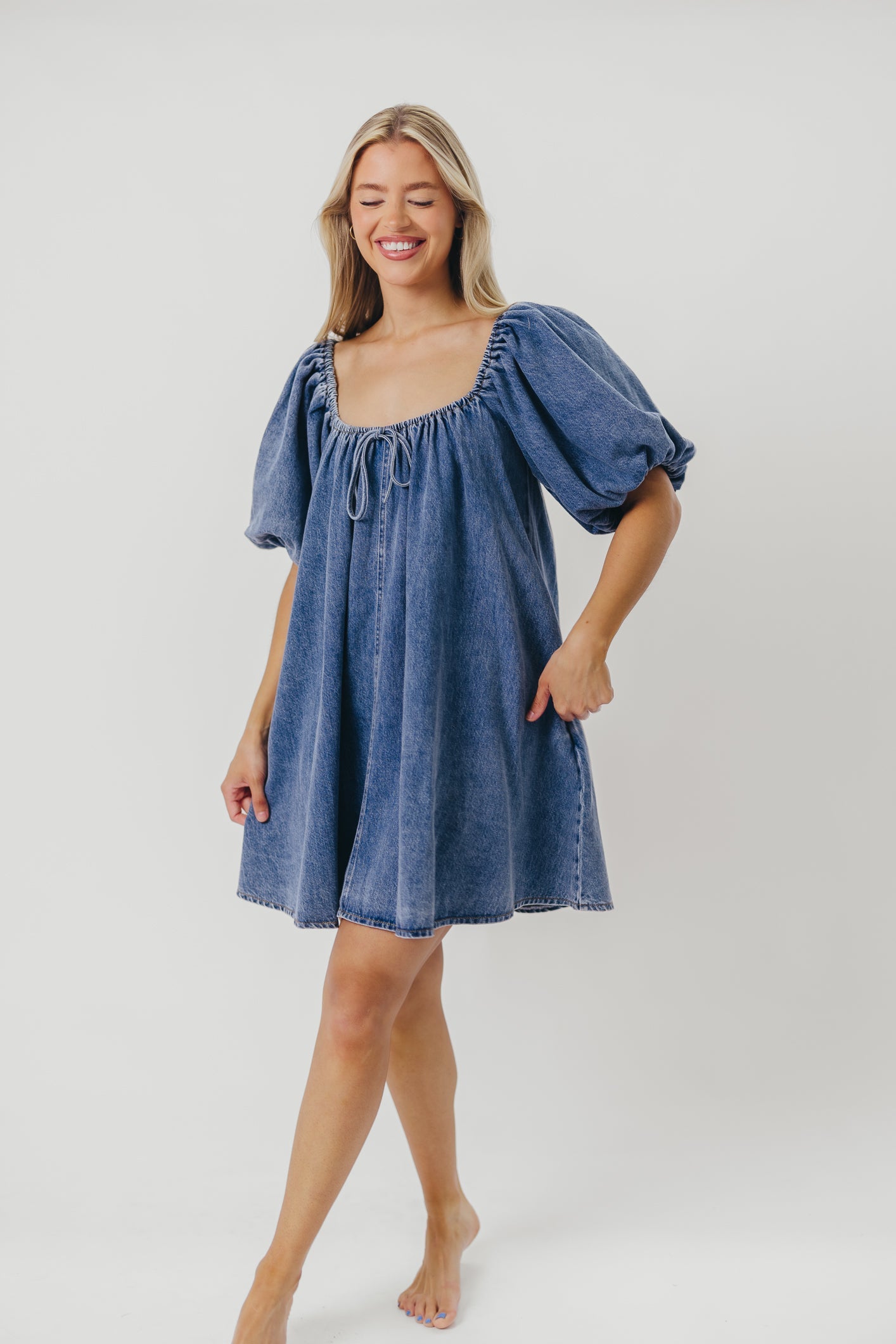 Morgan Babydoll Mini Dress in Denim - Restocking End of July